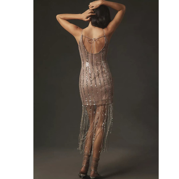 New Anthropologie Maeve Scoop-Neck Beaded Fringe Midi Dress $268 SIZE 14P Mauve - Picture 3 of 10